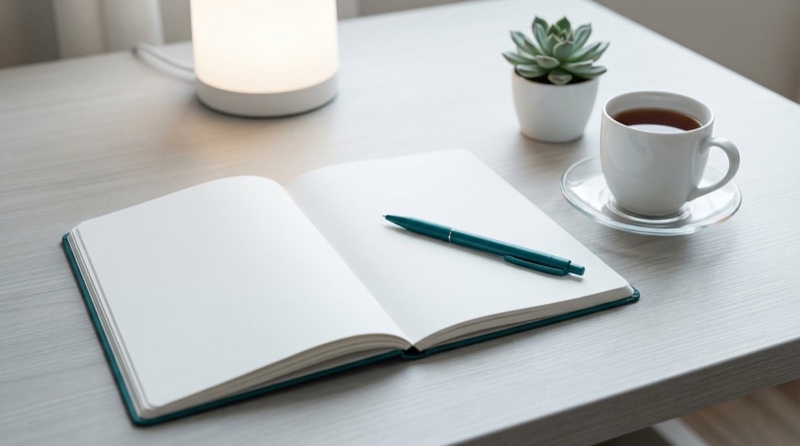 Offenes Notizbuch mit Tealstift auf einem ruhigen Schreibtisch – entspannte Prüfungsvorbereitung